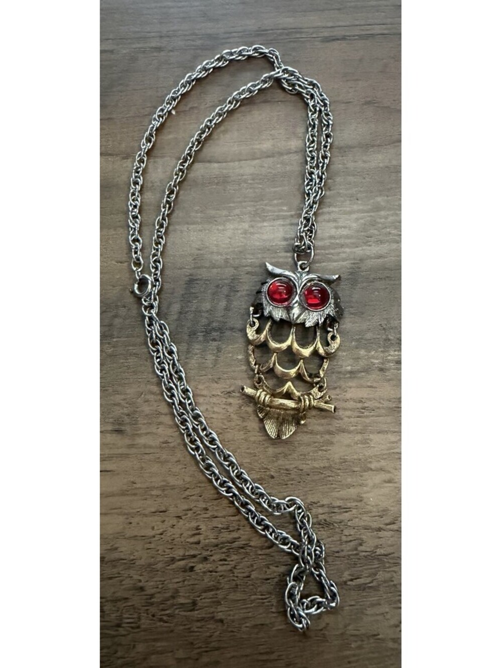 Vintage Owl Pendant Necklace Red Cabochon Eyes MCM